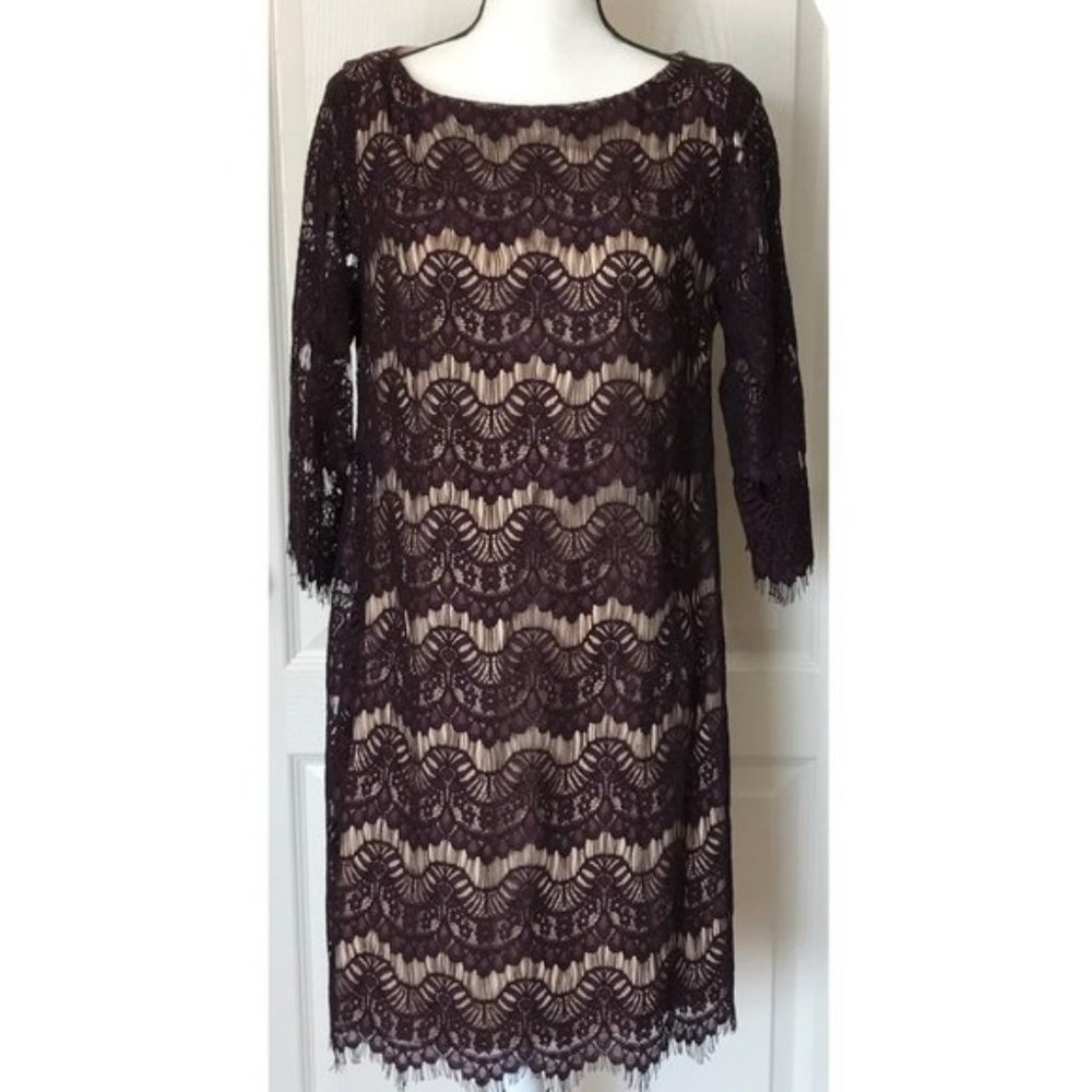 J Howard Lace, Lined, Burgundy Cocktail Dress, Shift Dress Size 12